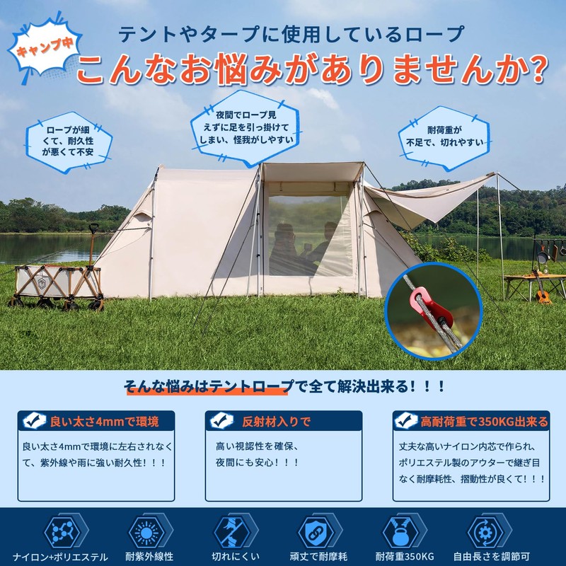 Tent Rope, 14.8 ft (4 m), Includes Free Hardware