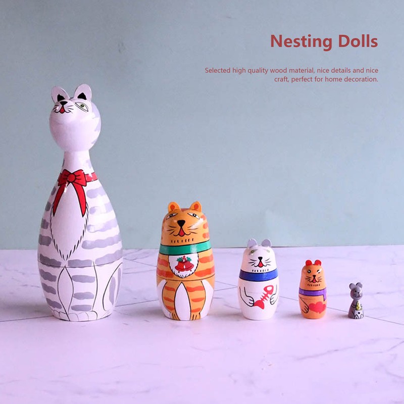 5Pcs Nesting Dolls Kit Innovative Cartoon LongNecked Cat Ornament Wooden