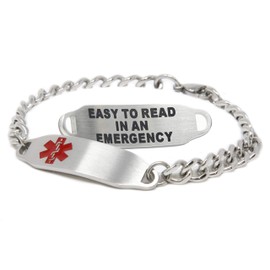 My Identity Doctor Medical Bracelet With Free Engraving, Stainless Steel and Identification Card, Curb Chain Alert - Red - Made In USA - Wrist Size 6.25 Inch