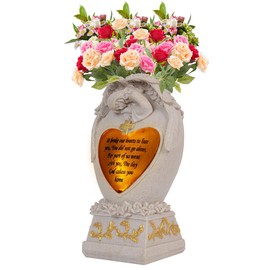 Cemetery Decorations for Grave, Garden Angel, Solar Lights, Family Memorial Statue, Funeral Gift, LED Vase, Crying Angel (Beige)