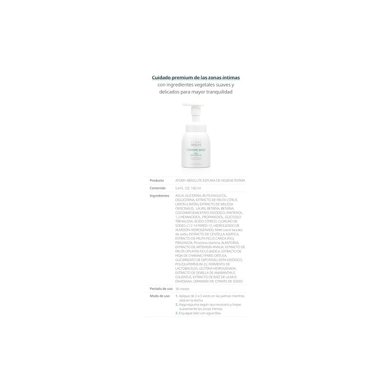Atomy Absolute Espuma Higiene Íntima Jabón Femenino Vegano 160