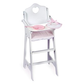 Badger Basket Wooden Baby Doll High Chair - Fits 18" Dolls - Includes Tray, Bib & Free Personalization Kit - Best for Toddler Girls for Pretend Play - White with Pink Gingham Seat