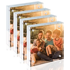 Egofine 4x4 Acrylic Frames 4 Pack, 20mm Thicker Frameless Clear Picture Frames, Double Sided Magnetic Picture Frames, Free Standing Desktop Display
