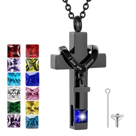 Miity Haiy Birthstones Urn Necklaces for Ashes Crystal Cross Cremation Pendant Urns for Human Ashes Memorial Keepsake Locket Jewelry for Men Women (Blue)