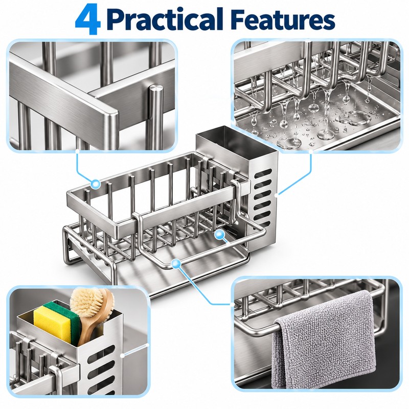 Stainless Steel Sink Cleaning Tools Storage Rack – Multifunctional Drainable