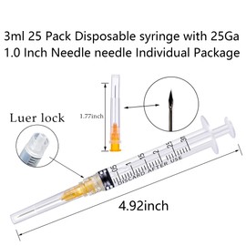 Hyinghw 3ml/cc Luer Lock with 25Ga 1inch Lab Tool Individual Wrapped Pack of 25