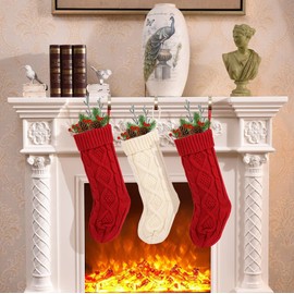 LOAVER Knitted Christmas Stockings Gift Socks, 46cm Large Red Stocking for Xmas Gift Filling Home Decoration