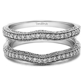 TwoBirch Sterling Silver Contour Ring Guard with Millgrained Edges and Filigree Cut Out Design With CZ or MOISSANITE (0.48 ct.) (Cubic Zirconia, 9)