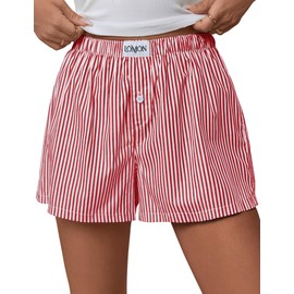 LOMON Womens Boxer Shorts Casual Summer Cotton Pajama Lounge Sleep Pj Striped Shorts Y2K Beach Bottoms (Red White Striped M)