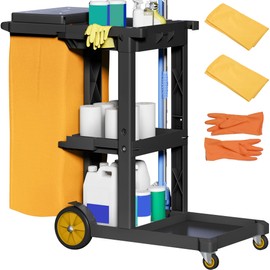 YITAHOME Janitorial Cart Cleaning Carts on Wheels, Black Housekeeping Carts, 3 Shelf Commercial Plastic Janitor Cart, with 2 Yellow 25 Gallon Vinyl Bag & Rubber Gloves for Restaurant Hotel Home