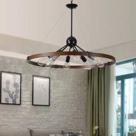 Ship From USA, 32" Rustic Industrial Chandelier, 8-Light Farmhouse Pendant Lighting Fixture with Metal and Wood Finish (No Bulb)Design Style: Modern, Lamp Power(W): 15, Product Size: 80*80*95cm