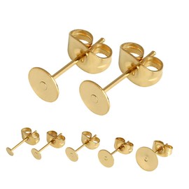 Healeved 25 Pair Gold Stainless Steel Earring Posts with Flat Pad and Safety Plugs Jewelry Accessories for Women for Diy Crafts and Earring Making