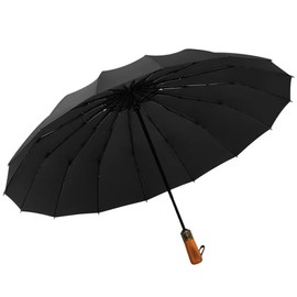 MonopHH 16 Ribs Windproof Folding Travel Umbrella with Wooden Handle - Collapsible & Portable for Men and Women
