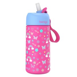 Bentgo Kids' Stainless Steel Water Bottle - 14 oz, Insulated, Leak-Proof Lid, Safe-Sip Spout, Flip-Up Straw, BPA-Free, Portable Drinkware for Ages 3+:_Rainbows and Butterflies
