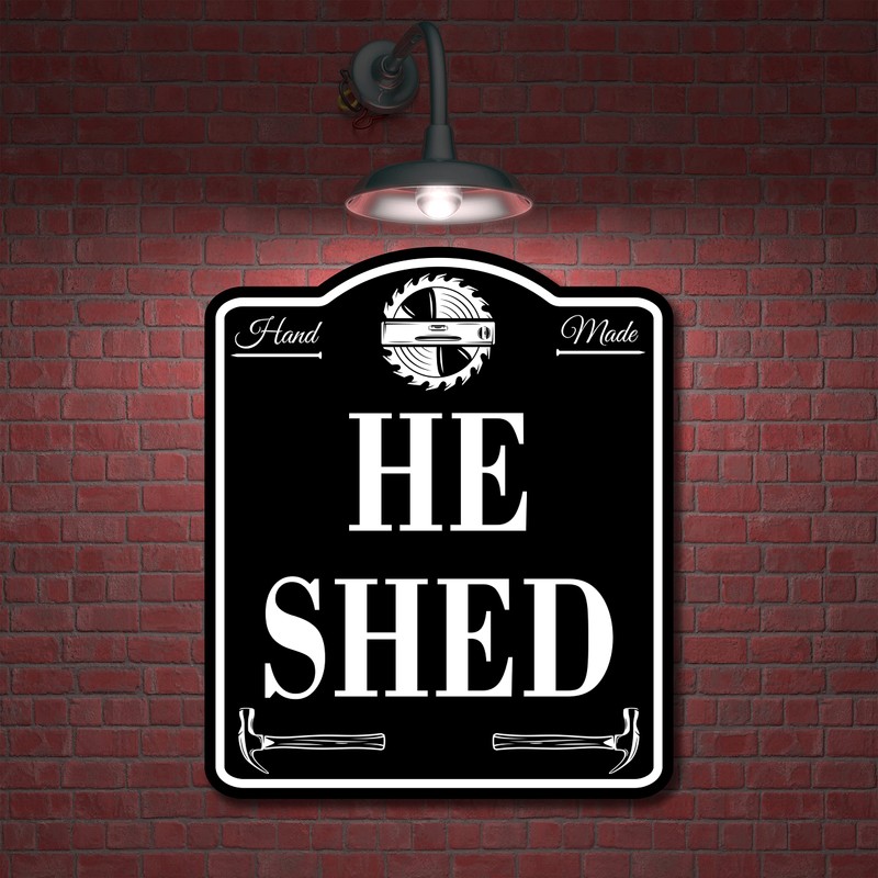 He Shed Workshop Hand Made BLACK Aluminum Composite Sign, 8.5"x10"