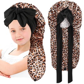 IJRPLM Kids Long Hair Bonnet for Sleeping, Silk Satin Bonnet with Tie Band for Curly Hair, Aged 3-12 (Leopard)