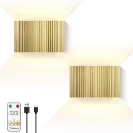 Folux Battery Operated Modern Metal Pleated Wall Sconce Set of 2 Gold, Stepless Dimming Magnetic Wall Lamp, 5200mAh Rechargeable Battery, for Staircase Living Room Bedroom Hallway Corridor