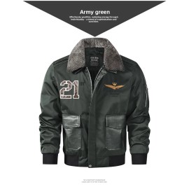 Polyester Men's Long Sleeved Flight Suit Jacket with Collar and Fleece, Suitable for Spring and Autumn Leisure Outdoor SportsColor: Army Green, Size: L