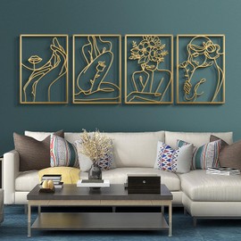 Bakovity Gold Metal Wall Art Décor,Minimalist Flower Line Art Wall Decor,Woman Body Abstract Wall Decor,for Living Room Bathroom Bedroom（4 Pcs 17×12）