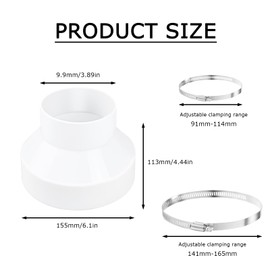 Vyooxcy 6 to 4 inch Duct Reducer, Air Duct Adapter,Havc Pipe Connector Adapter for Inline Ventilation System Dryer Vent Hose,with 2 Hose Clamps