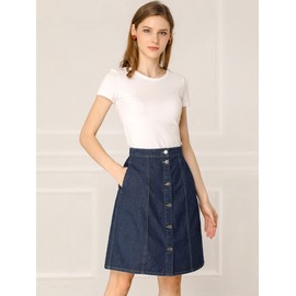 Allegra K Women's Summer Denim Skirt with Pockets Button Front Casual Short Skirts Navy Blue X-Large