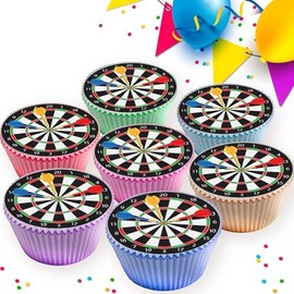 24 x PRE CUT DARTS DARTBOARD ARROWS EDIBLE WAFER CARD RICE PAPER 4.5 cms CUPCAKE TOPPERS DECORATIONS