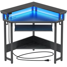 Rolanstar Corner Desk,44.5" W x 34.5" H Small Computer Desk with Power Outlets, Gaming Desk with LED Lights, Triangle Corner Table with Keyboard Tray & Monitor Stand for Small Space, Black