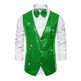 Lars Amadeus Men's Green Sequin Waistcoat Shiny Sleeveless Party Prom Dress Suit Vest with Bow Tie Medium Green