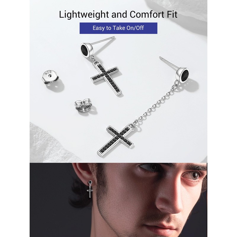 PROSILVER Asymmetric 925 Silver Cross Stud Earrings with Cubic Zirconia,