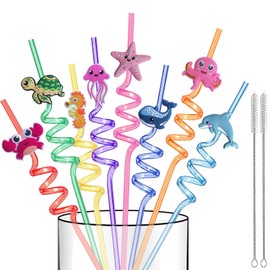 Reusable Sea Animal Straws for Sea Party Favors, 16 PCS Plastic Ocean Creature Animal Drinking Straws Silly swirly Straws for Kids Sea Animal Party Decorations Supplies, Beach Ocean Themed Party Supplies with 2 Clean Brushes (Sea)