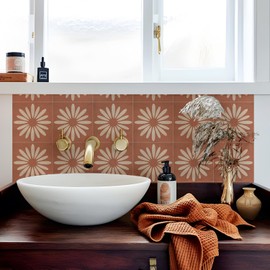 Alwayspon 25Pcs Peel and Stick Tile Transfer Stickers, Red White Floral Tile Decal Self-Adhesive Vinyl Backsplash Stick on Tiles for Kitchen Bathroom, 20cm/8inch