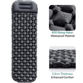 Lightweight Sleeping Mat With Pillow, Ultra Light Inflatable Camping Pad, Outdoor Hiking Backpacking Festival Air Mattress, Waterproof TPU, 190cm x 56cm x 5.5cm, 520g (Black)