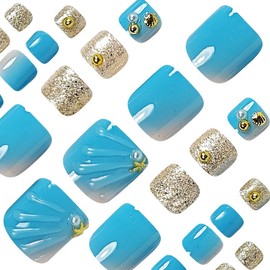 Ocean Press on Toenails Blue Fake Toenails Summer Beach Shiny Seashell Glue on Toenails Pearl Glitter Glossy Acrylic Toenails Short Square Artificial Toenails for Women Manicure 24Pcs