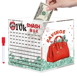 10k Smash Box for Money, Large Piggy Bank for Adults 10000 Savings Challenge Box, Money Saving Box for Cash, Big Unbreakable Clear Acrylic Money Saver Must Break to Open