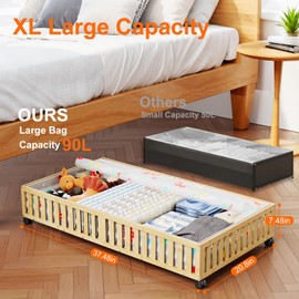 Landmok Bamboo Under Bed Storage Containers, UnderBed Storage with Wheels & 90L Large Capacity Dust Bag, Sturdy Rolling Under Bed Clothes Storage for Shoes Toy Book, Nature, 1Pack (37.48" × 20.08")