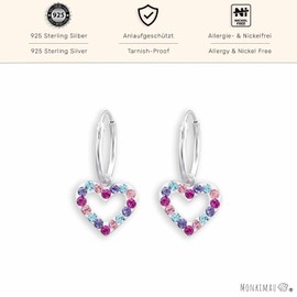 Monkimau 925 Sterling Silver Heart Hoop Earrings, Sparkling Crystal Earrings, Fashionable Women's Earrings, Girls Jewellery Gift, Silver