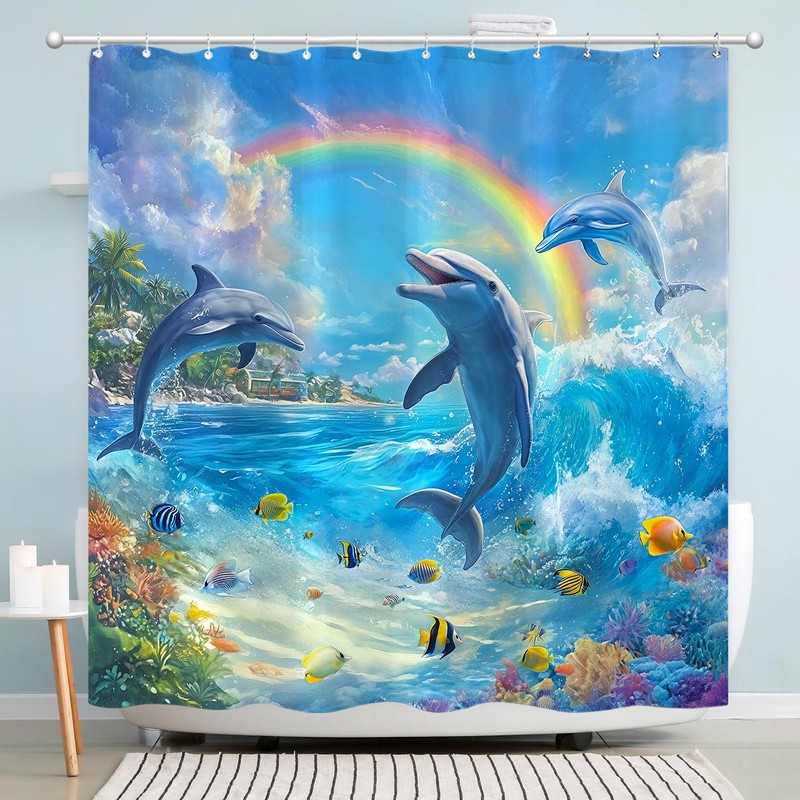 Accnicc Dolphin Shower Curtain Ocean Funny Rainbow Dolphins Shower Curtains