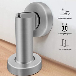 Magnetic Door Stop, Stainless Steel Door Stopper, Chrome Door Catch Holder 2 Pack, Heavy Duty Doorstop with Magnet Wall Floor Mount Home Office Commercial Use Brushed Nickel