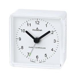 Dugena Reisewecker, Funkwecker aus Kunststoff, modern, mit abgerundeten Ecken und ansteigendem Wecksignal (Crescendo-Alarm), 6 x 6 cm, Farbe:Weiß