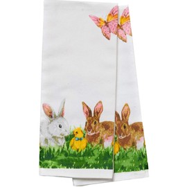 Snuggle bunny White-Green-Yellow Watercolor Hanging with Peeps Kitchen Towels - Set of 2, 18x28”