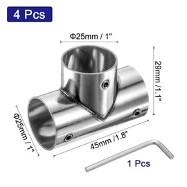 uxcell 4Pcs Tee Structural Pipe Connectors 3 Way End Rails Clamp with Wrench Stainless Steel Corner Pipe Fittings for DIY Shelf Garden Support 1" Fit Pipe Dia, Silvery