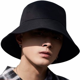 MERSHEART Bucket Hat, Large Size, Bucket, Safari Hat, Men's, Women's, Korean Style, Black, Plain, Black