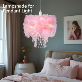Waneway Feather Lampshade with Acrylic Droplets, Fluffy Lamp Shade for Ceiling Light, Pendant Light, Chandelier, Table Lamp or Floor Lamp, Bedroom Living Hallway Decoration, Pink