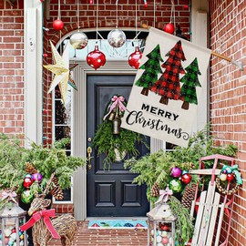 Christmas Tree House Flag 28 X 40 Inch Double Sided Burlap, Merry Christmas Sign Winter Holiday Yard Xmas Large Flags for Outside DF478-28