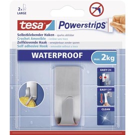 tesa UK Powerstrips Waterproof Hook with Removable Adhesive Strips, Rectangular - Stainless Steel