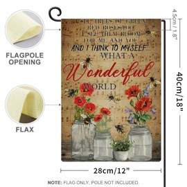 Garden Flags, Vintage Poppy What A Wonderful World Bee Welcome Yard Outdoor Flag Home Small Burlap Flag Lawn Decor Double Sided 12x18in