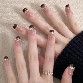 Nail Tip, Short, Medium, 24 Pieces, Nail Tip, False Nails, Red Edge, Pink, Skin Color, Flowers, Diamond, 3D Nail Stickers, Popular, Japanese Style, Cute, Simple, Fashionable Party, Nail Tip, Autumn,