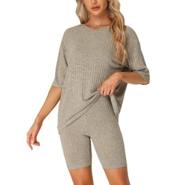 cheibear Womens Ribbed Knit Soft Tracksuit Short Sleeve Sweatshirt Set Shorts Loungewear Sleepwear Khaki XS