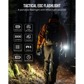 SCOUTLITE Vario MAX 3000 Lumens Tactical EDC Flat Flashlight, Rechargeable LED Pocket Light with White, Red and Amber Lights, Waterproof IPX6 Handheld Torch for Camping, Outdoor & Emergency Working