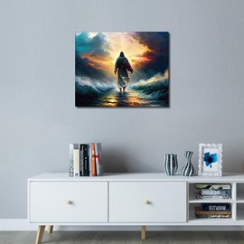 TUMOVO Jesus Walking on Water DIY Paint by Number Jesus Back Paint by Numbers for Adults Kids Paint by Numbers on Canvas Beautiful Sunset Paint by Numbers for Beginner Oil Painting Kits 16x20inch